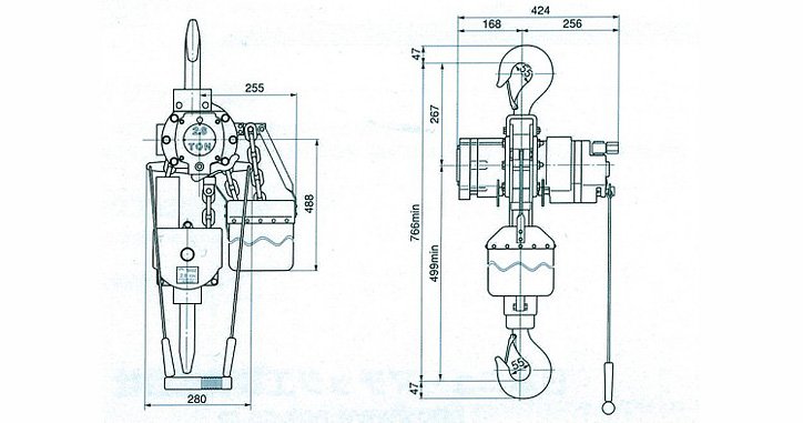 RHL-2800拉桿式氣動葫蘆尺寸參數 RHL-2800拉桿式氣動葫蘆尺寸參數