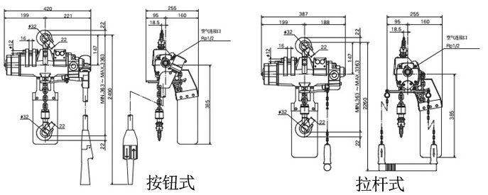 EHL-TS型氣動葫蘆尺寸圖 EHL-TS型氣動葫蘆尺寸圖